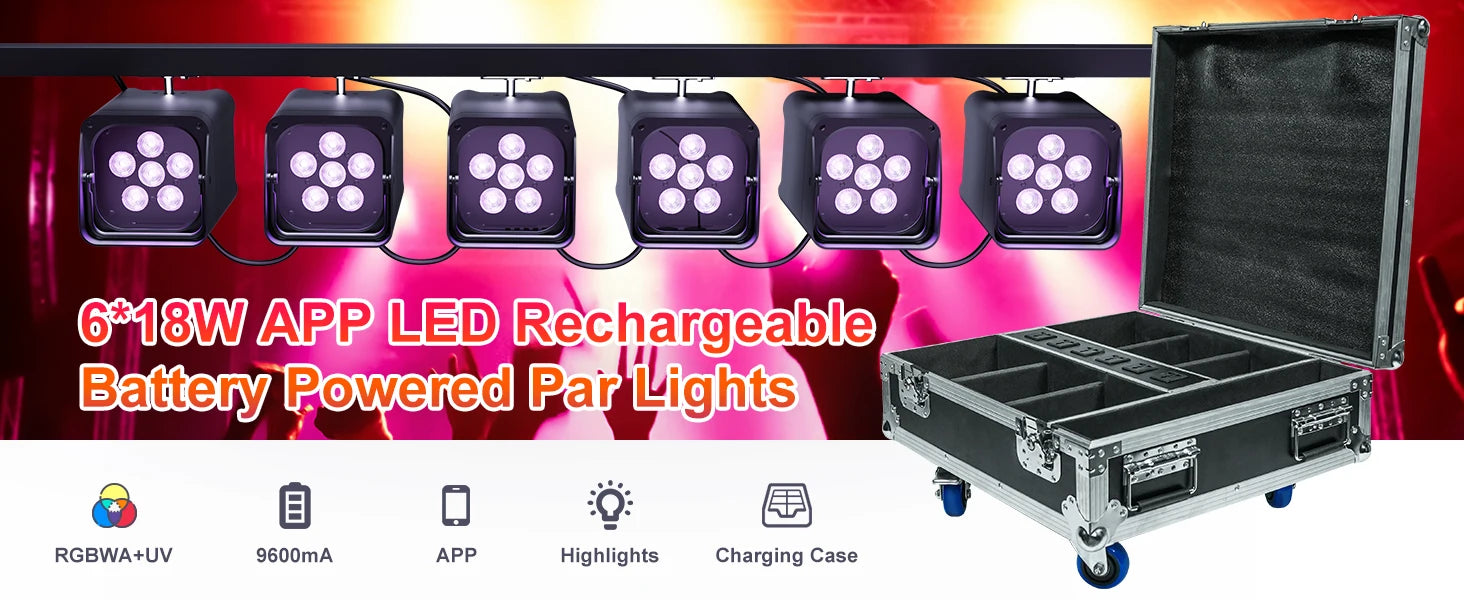 Yiflamefly 6Pcs Par Lights+1Pc Rechargeable Flight Case 80W 6IN1 RGBWA+UV Wireless Built-in Battery DMX Stage Light For DJ Disco