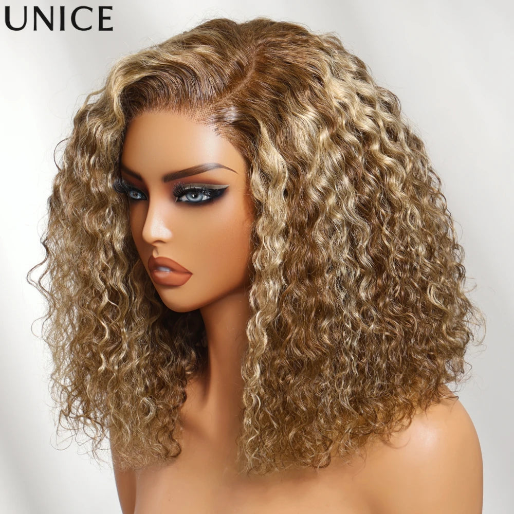 UNice 7x5 Bye Bye Slip™ Left Side Part Honey Blonde Highlight Water Wave Curly Bob Wig With Drawstring Glueless Human Hair Wigs