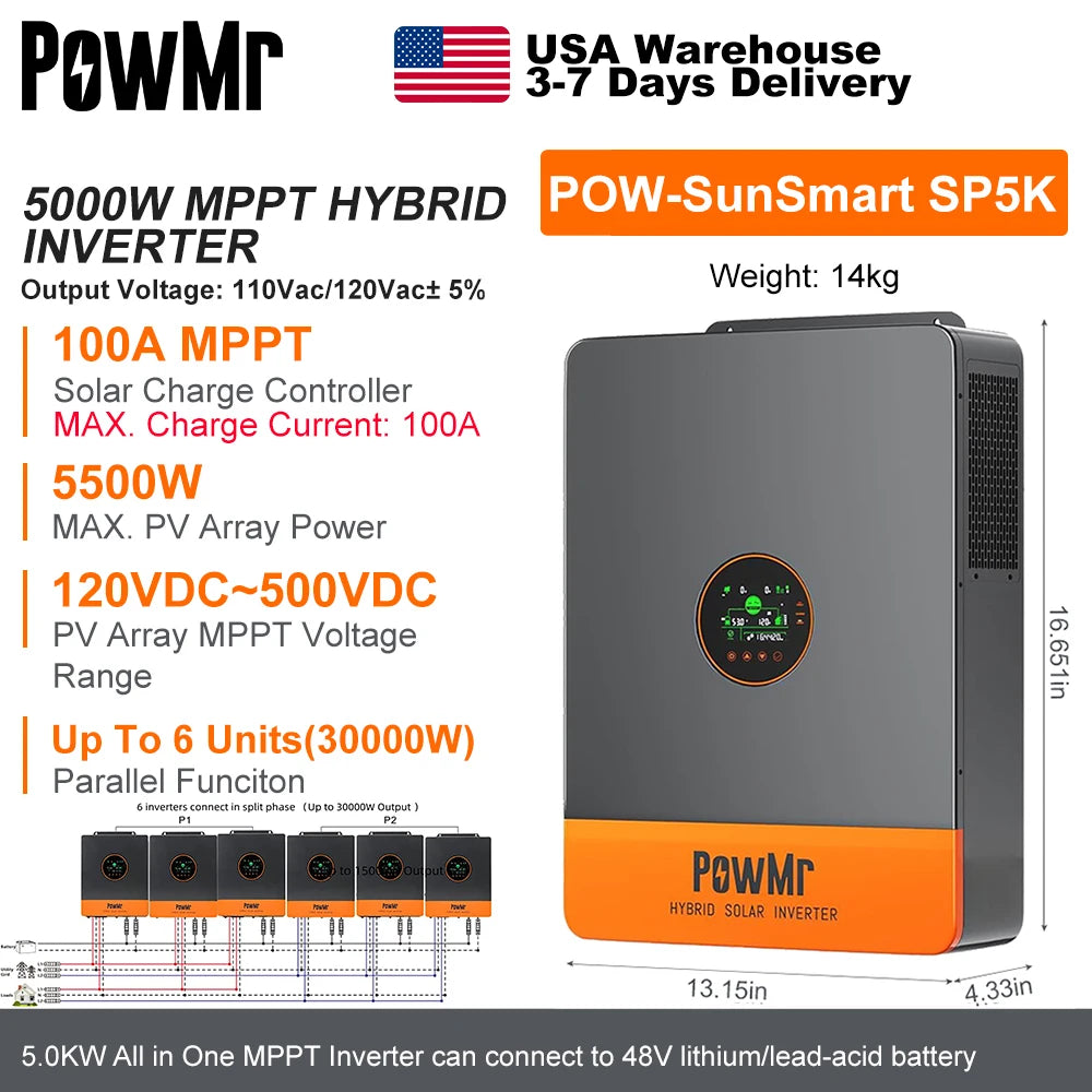 PowMr USA 5000W 48V Hybrid Solar Inverters 110Vac Can Split Phase 220Vac Output When Parallel Pure Sine Wave MPPT 100A PV 500Vdc
