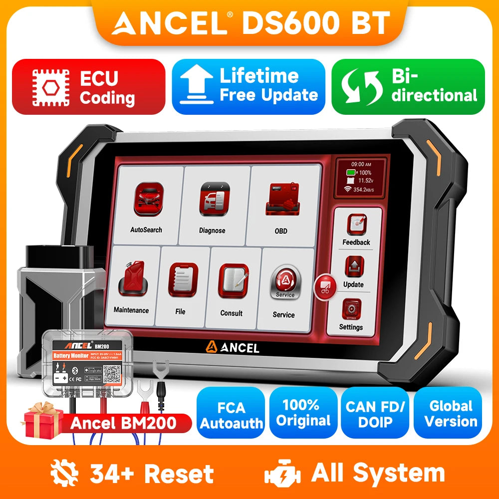 ANCEL DS600 BT Car Bidirectional Scanner Tool All System IMMO ECU Key Coding Diagnostic CAN-FD FCA Auto 34+ Services Code Reader