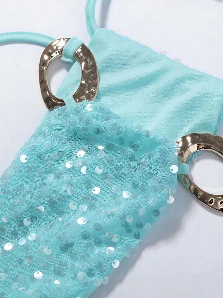 Women's Bikinis And Tankinis Beach Swimsuit Vacation Sparkly Sequin Set Halter 3-Piece Swimwear Summer Woman Clothes Pool Party