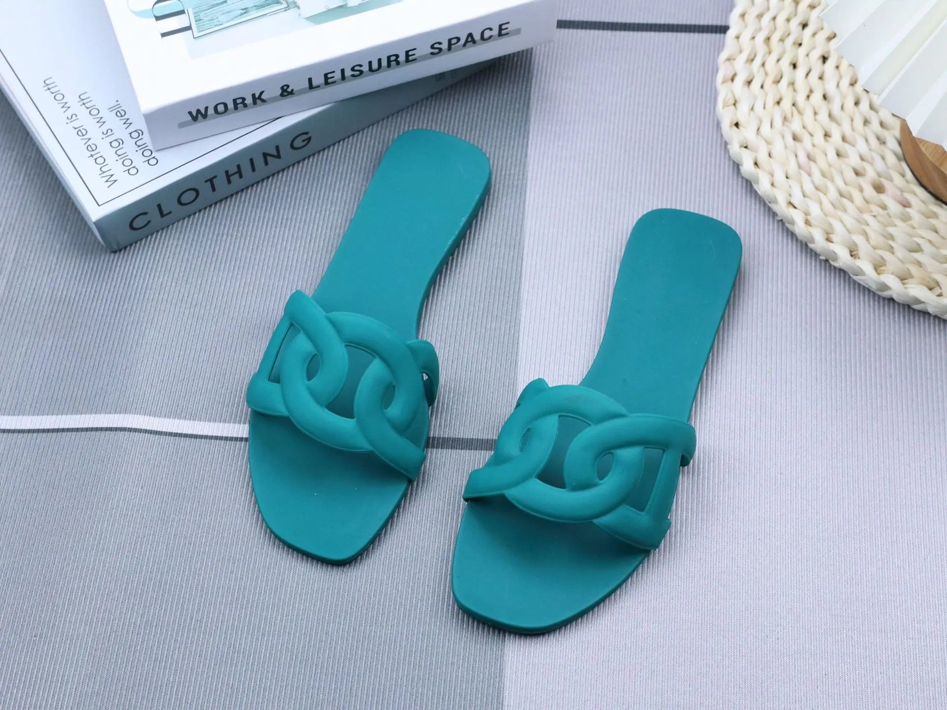 Summer women's one-word sandals daily leisure shopping beach wear flat shoes versatile solid color hollow
