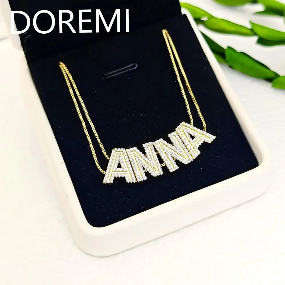 DOREMI 2024 New Custom Gold Plated Initial Letter CZ Zircon Double Chain Slide Name Necklace for Women Anniversary Jewelry Gifts