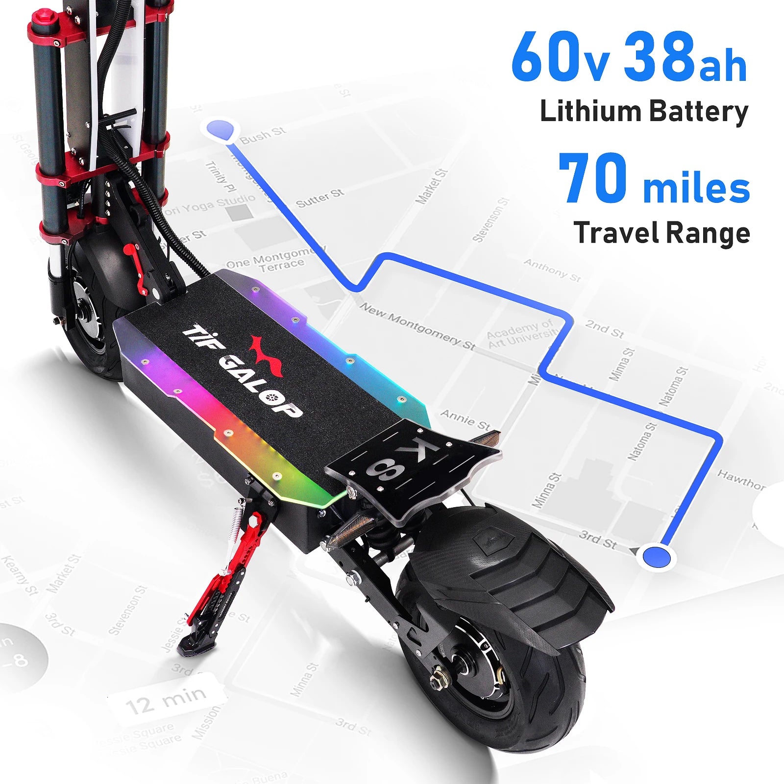 TIFGALOP K8 Adult Foldable Electric Scooter 12 Fat Tireh tire,E-mountain scooter 3000W*2 Motor 60V38AH Battery City Escooter