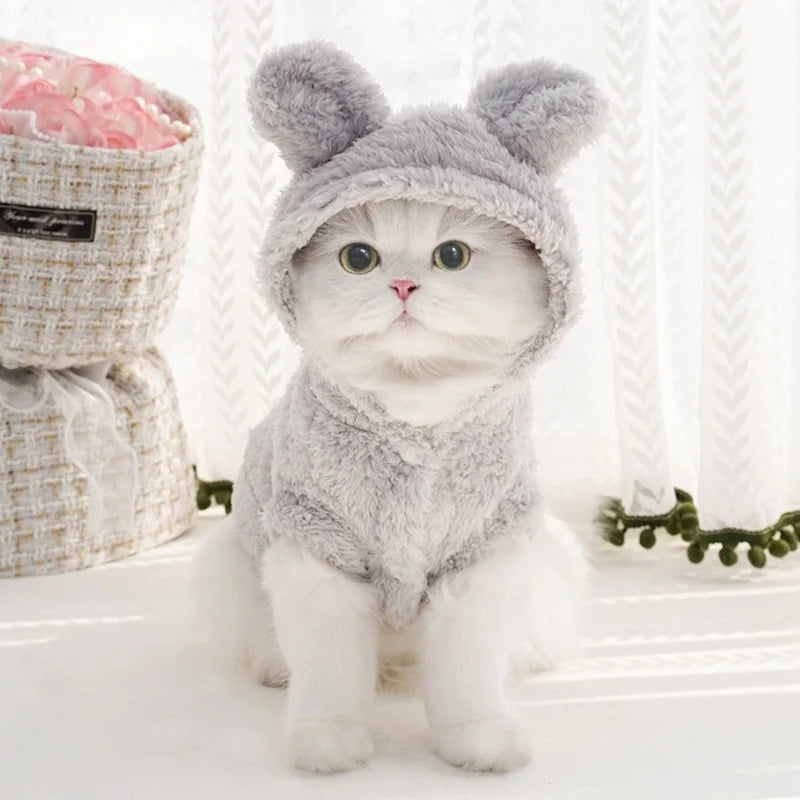 Fashion Plush Dog Hoodies Coat Winter Warm Dog Clothes Rabbit Pattern Cat Jacket Cute Solid Puppy Hoodies Bichon Pet Jacket Coat