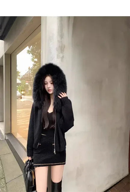 Winter Women Old Money Girl Long Sleeve Full Zip Cardigan Sweater Cuddly Hoodies Knitwear 2000s Aesthetic Korean Fashion Sweater
