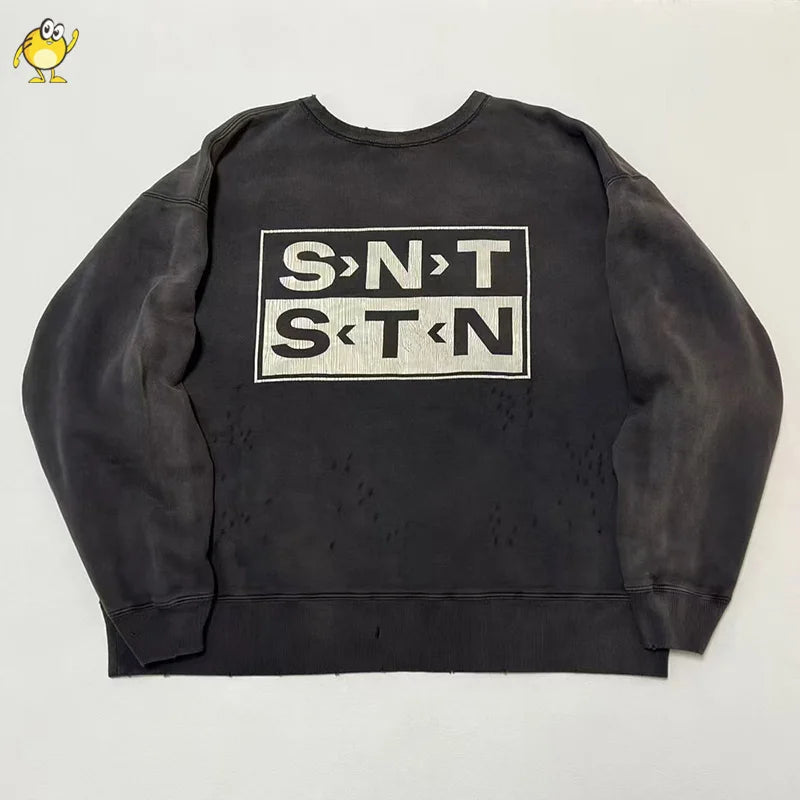 New Letter Print SAINT Hoodies Men Woman Retro Washed Damaged High Street Pullover Sweatshirts Loose Casual Good Quality