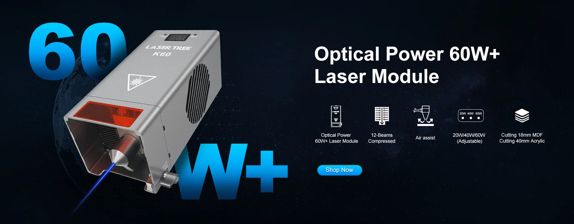 LASER TREE K60 Optical Power 60W Laser Head Adjustable 20W/40W Power Module For CNC Laser Engraver Cutting Woodworking DIY Tools