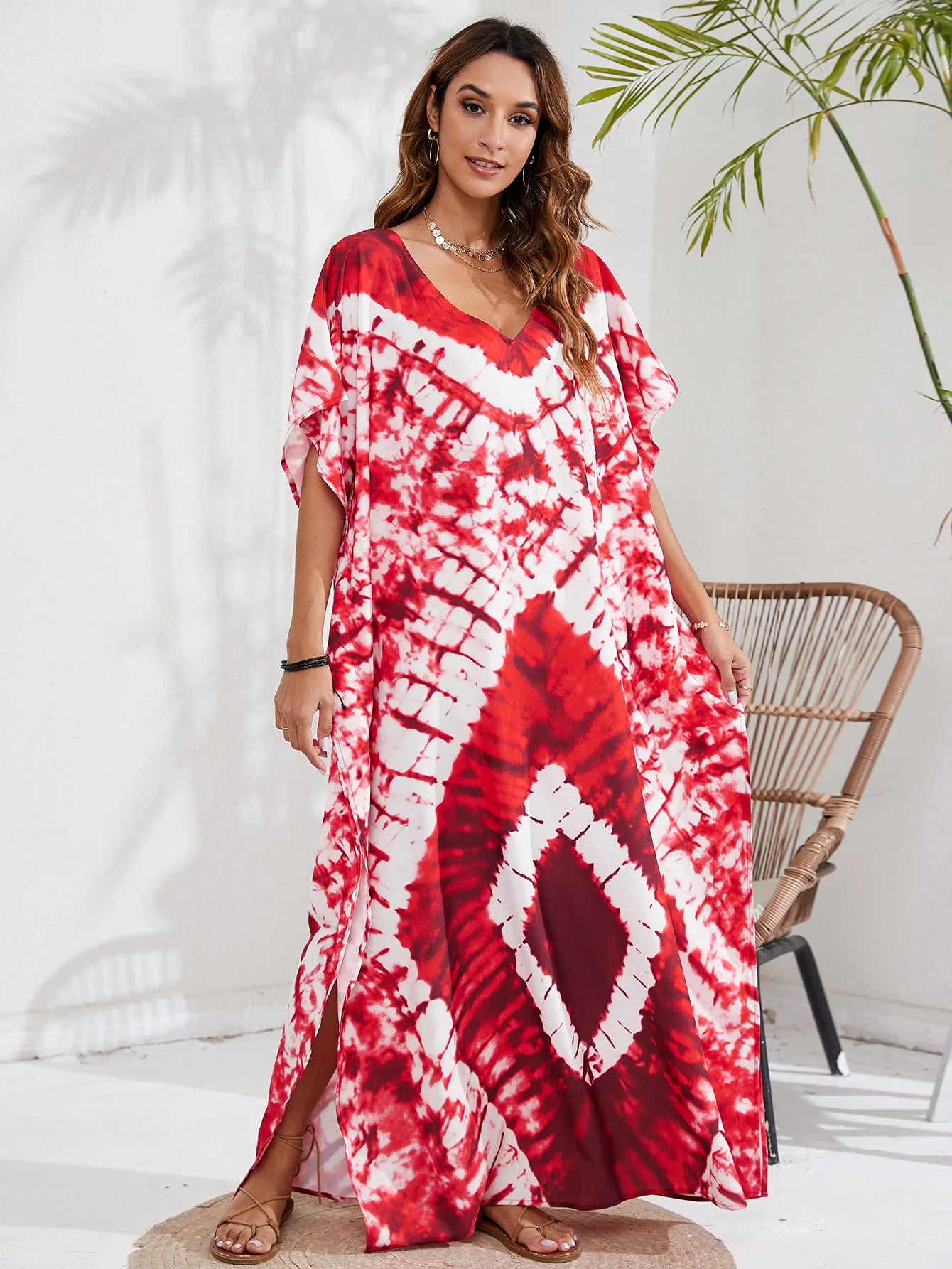 Kaftan Dresses for Women Plus Size Tie Dye Batwing Sleeve Caftans Swimsuit Coverup Maxi Dress Loungewear