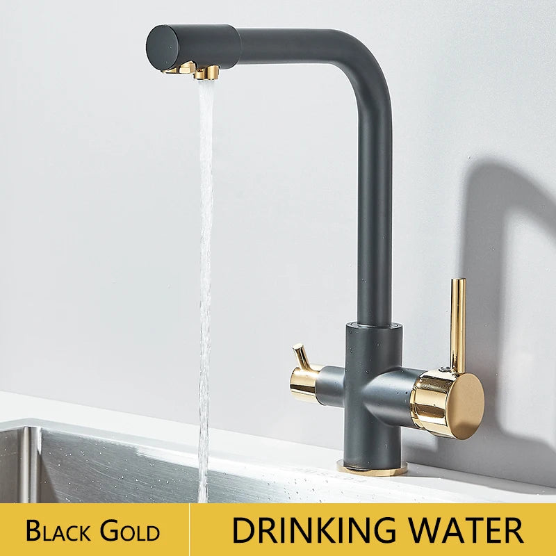 Chrome Kitchen Faucet Dual Swivel Spout Drinking Water Filter Brass Purifier Vessel Sink Mixer Tap Hot and Cold Water Torneira