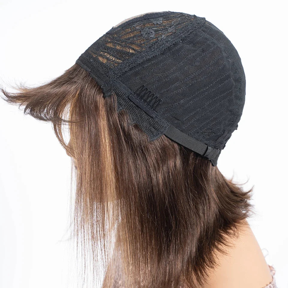 Straight Hair Short Bob Lace Wigs 100% Human Hair Wigs With Bangs #4/27 Natural Brown Middle Part Bob Lace Wigs Realistic Scalp