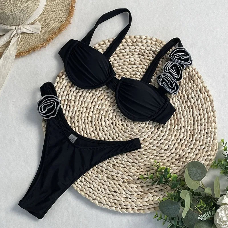 Style Flower Bikinis Women's 2 Piece 3D Rose Bikini Set High Cut Cheeky Swimsuit Floral Appliques Bathing Suit