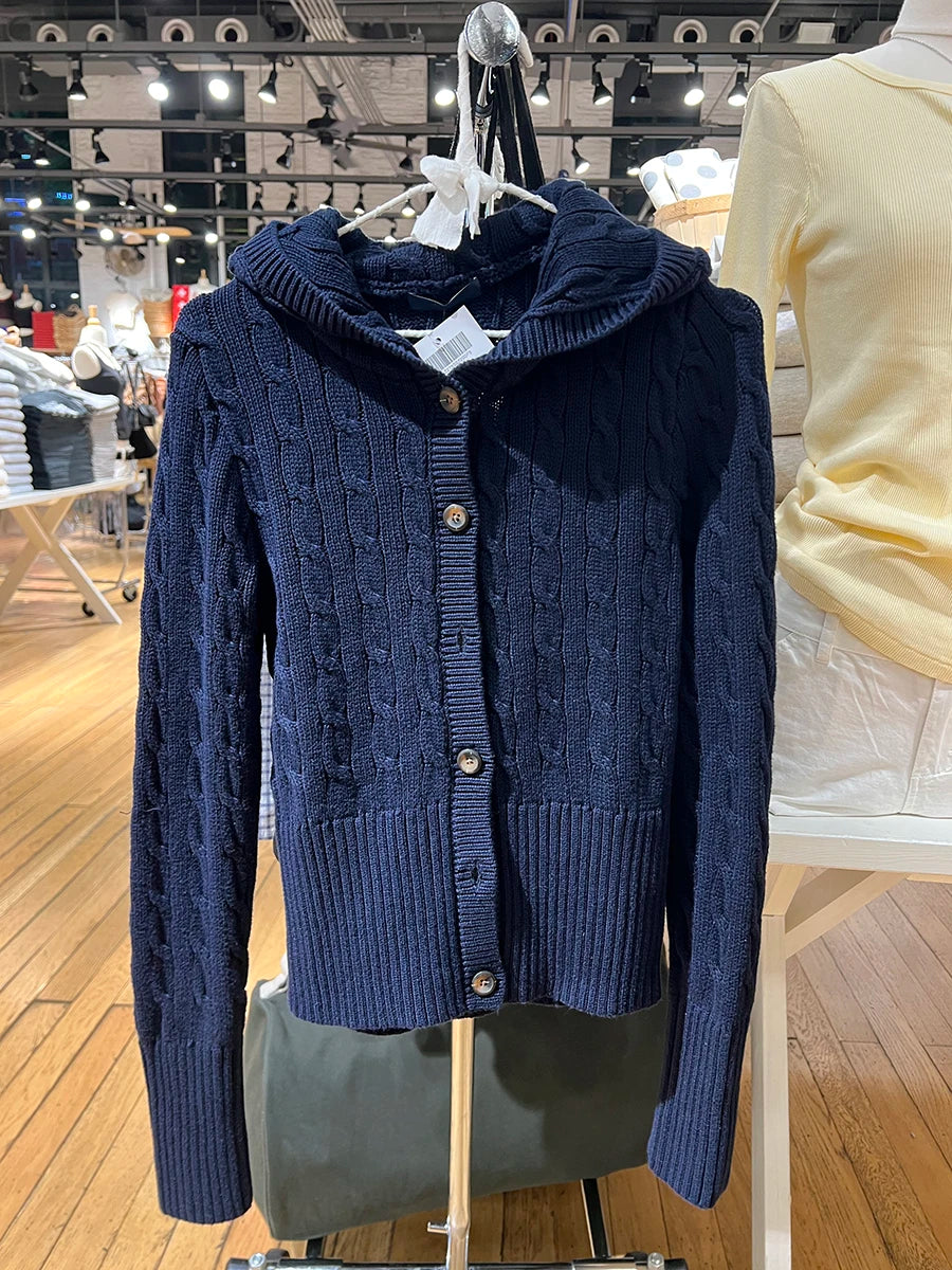 Navy Twist Flower Sweater Cardigan Women Single Breasted Long Sleeve Slim Short Sweaters Autumn Vintage Sweet Knitted Hoodies