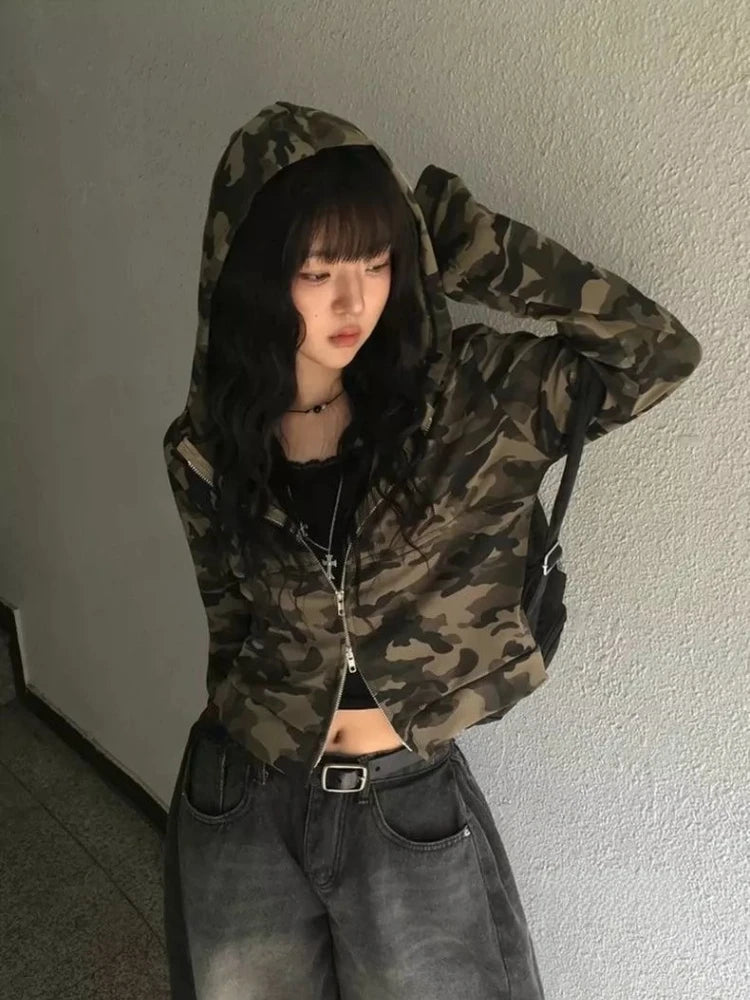 Y2k American Vintage Zip Up Hoodies 2000s Long Sleeve Subculture Hooded Sweatshirt Hot Girl Letter Short Slim Autumn Coat Chic
