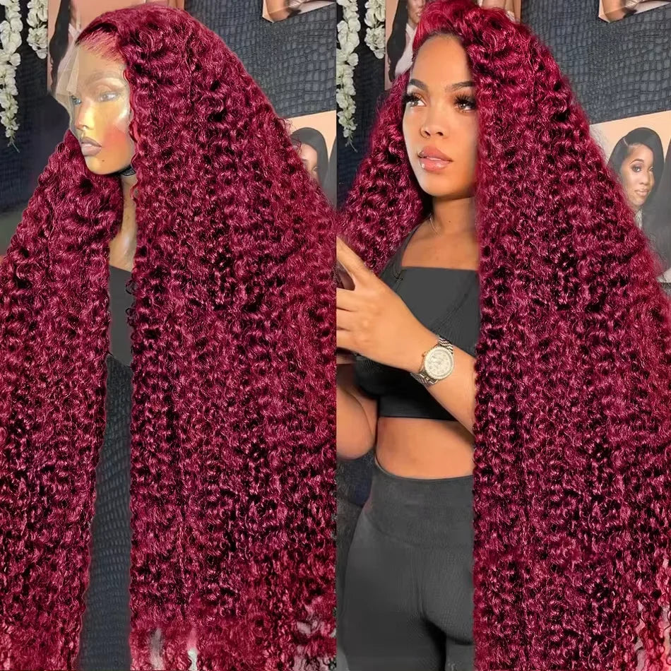 300 Density Deep Wave 99J Burgundy 13x6 Hd 100% Human Hair Lace Frontal Wigs 13x4 Brazilian Curly 30 34Inch Color Lace Front Wig