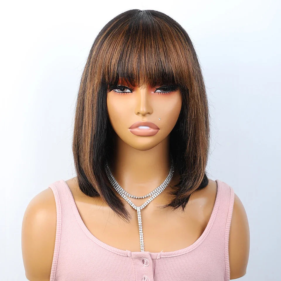Straight Hair Short Bob Lace Wigs 100% Human Hair Wigs With Bangs #4/27 Natural Brown Middle Part Bob Lace Wigs Realistic Scalp