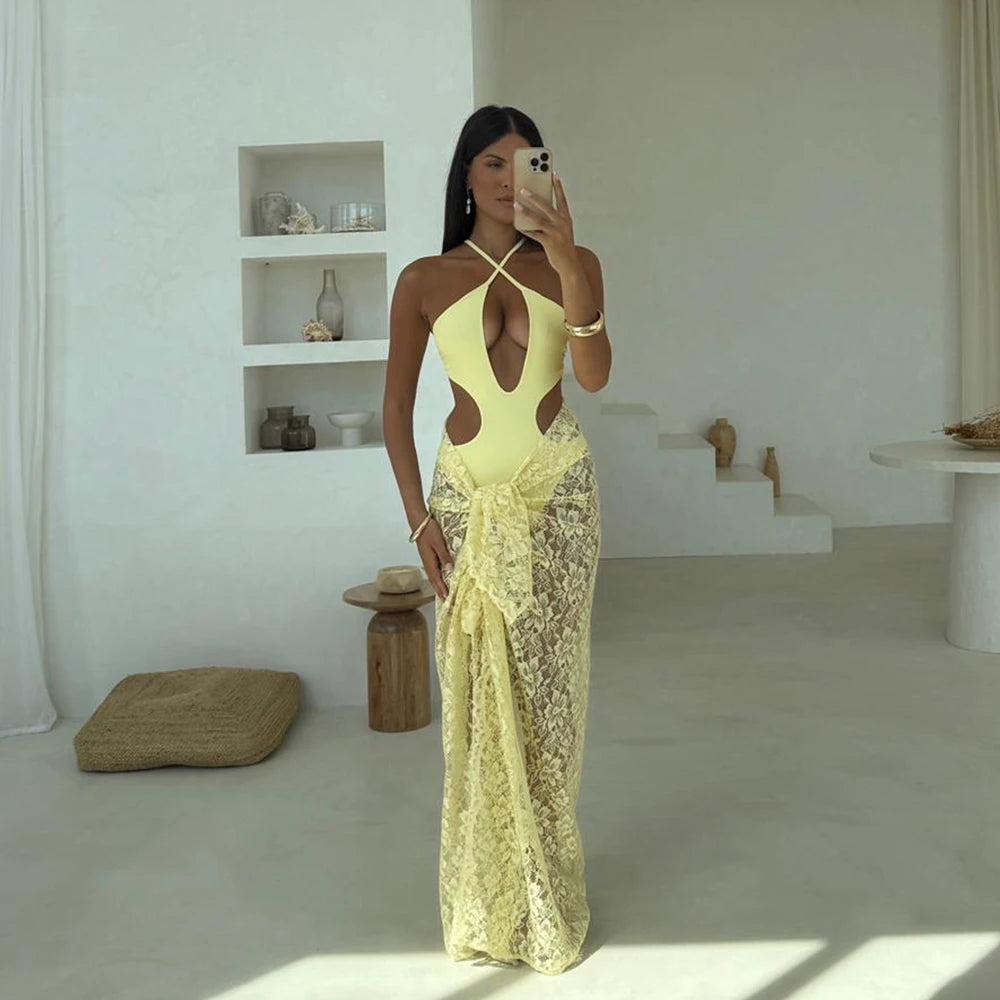 Two Pieces Micro Bikini 2025 Sexy Swimsuit Women V-Neck Swimwear Biquini Female Solid Bodysuit Bathing Suits Sarong Long Skirt