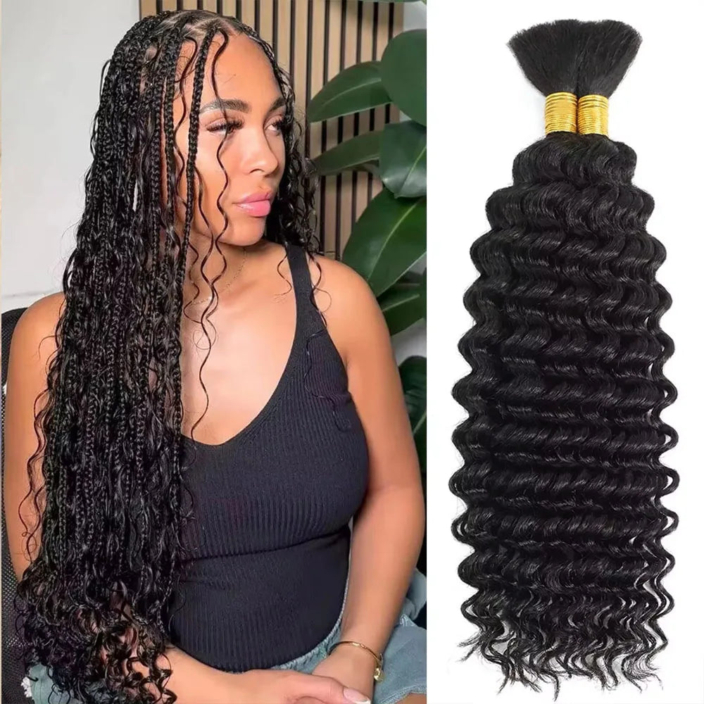 16-28nch Deep Wave Human Hair Bulks For BraidingBoho Braids Cury Human HairExtensions Natural Color No Weft2Bundles/Pack 110g