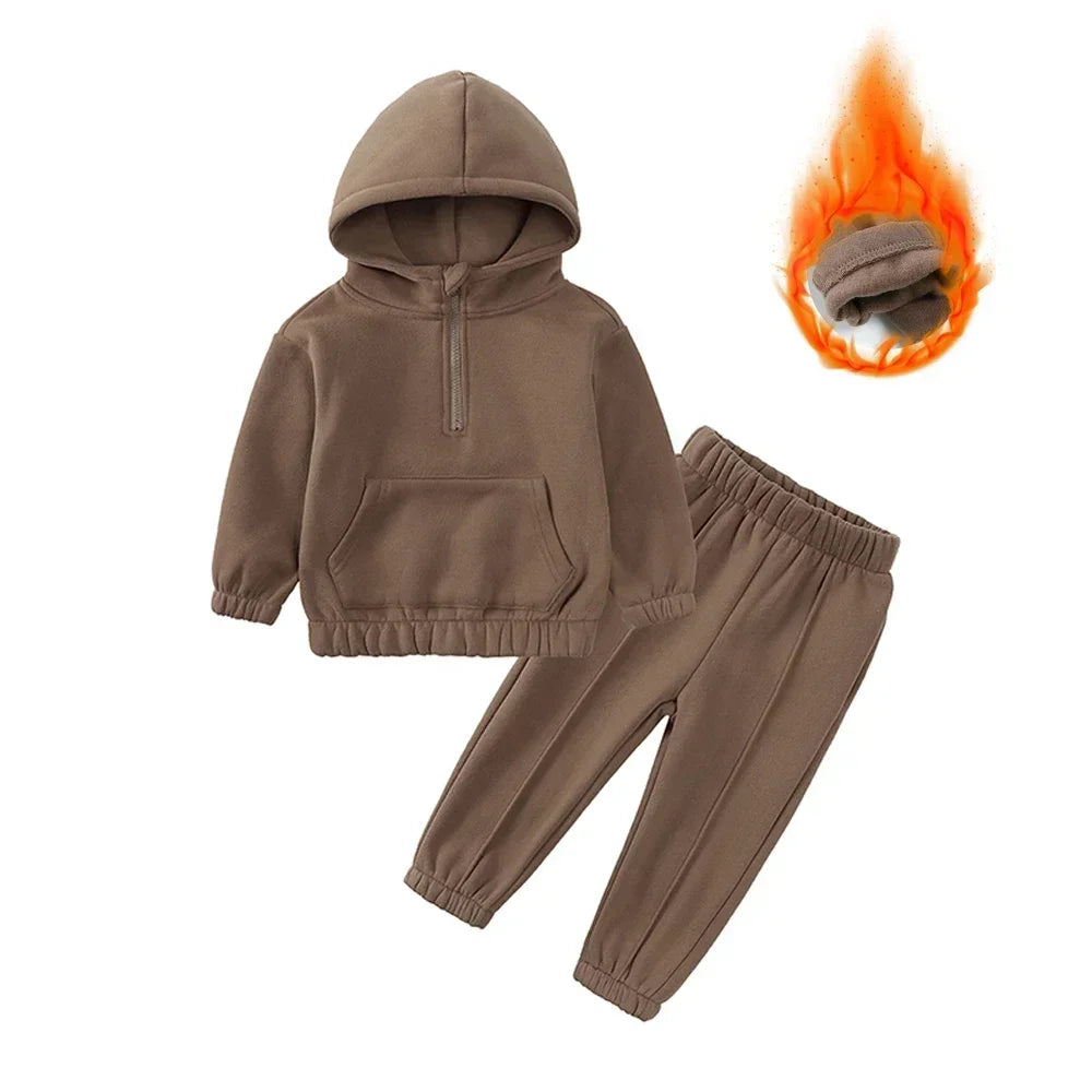 Children Fleece Winter Outfit Toddler Cotton Solid Hoodies Pullover Sweatshirt Pants Tracksuit Set Kids Boy Girl Warm Sweatsuits