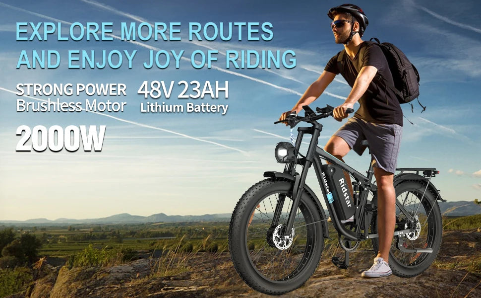 Ridstar Electric Bike 2000W 48V 23AH 26 Inch Fat Tire Adult Ebike Dual Motor Hydraulic Brakes Full Suspension MTB Electric Bike