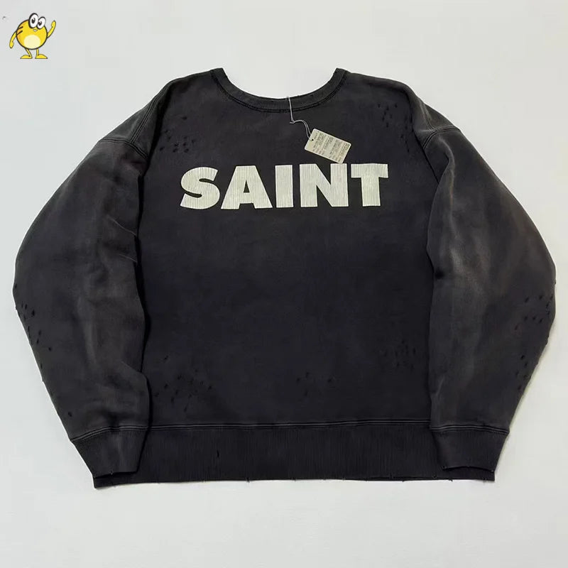 New Letter Print SAINT Hoodies Men Woman Retro Washed Damaged High Street Pullover Sweatshirts Loose Casual Good Quality