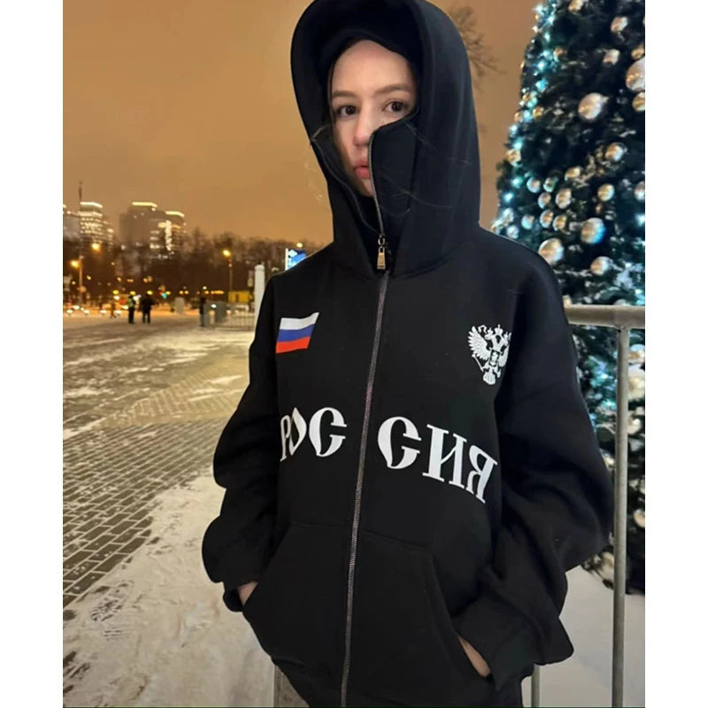 Y2K Clothes Men's Hip Hop Autumn Russia Hot Sale Vintage Double Zip Hoodies Lettering Graphic Hoodies Sweatshirts Casual Jacket