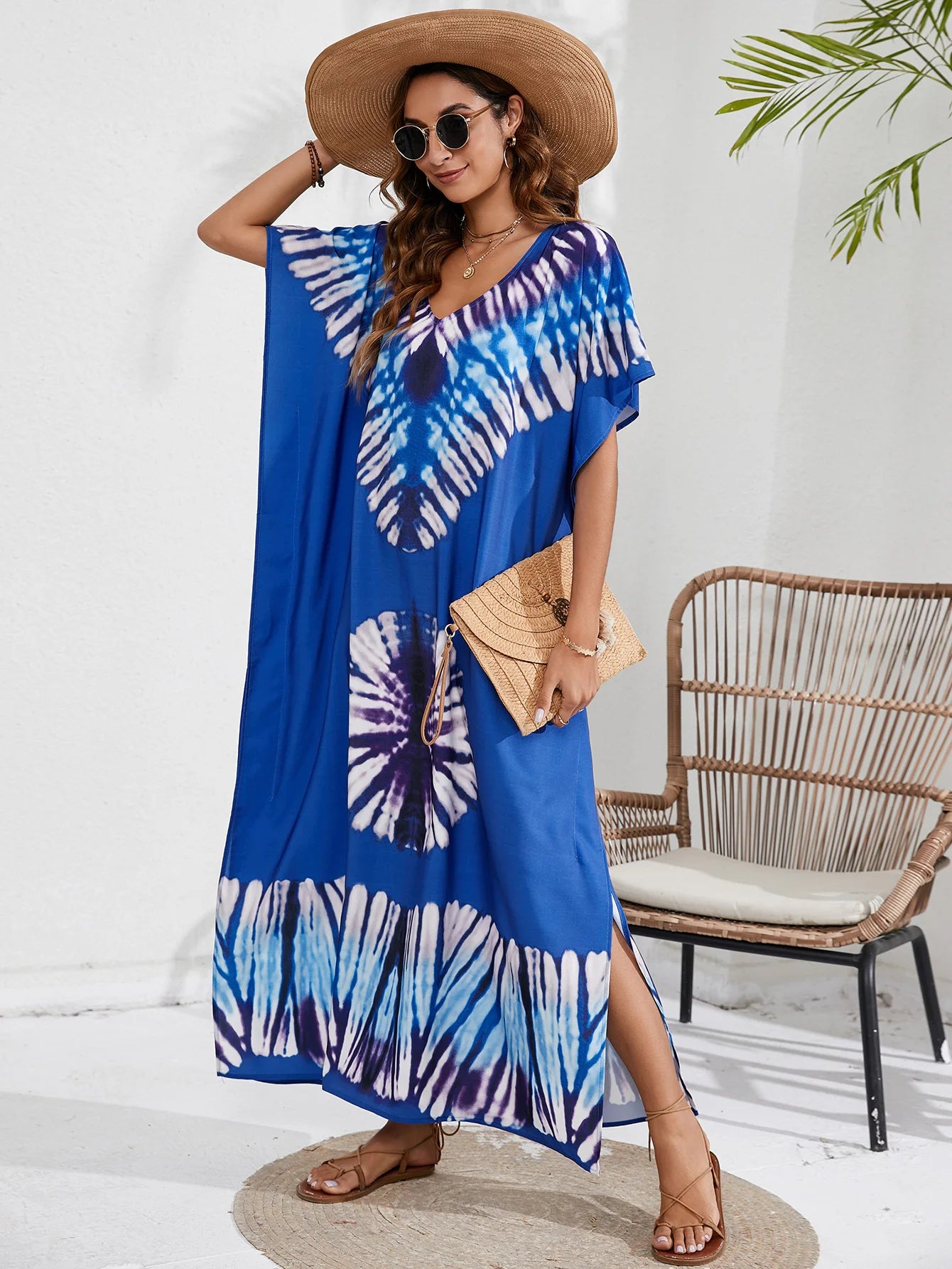 Kaftan Dresses for Women Plus Size Tie Dye Batwing Sleeve Caftans Swimsuit Coverup Maxi Dress Loungewear