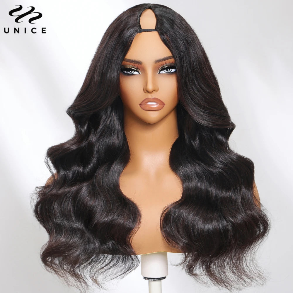 UNice Body Wave V Part Wig With Drawstring Natural Color 100% Human Hair Wigs Clip In V-Part Wig Mini Leave Out 180% Density