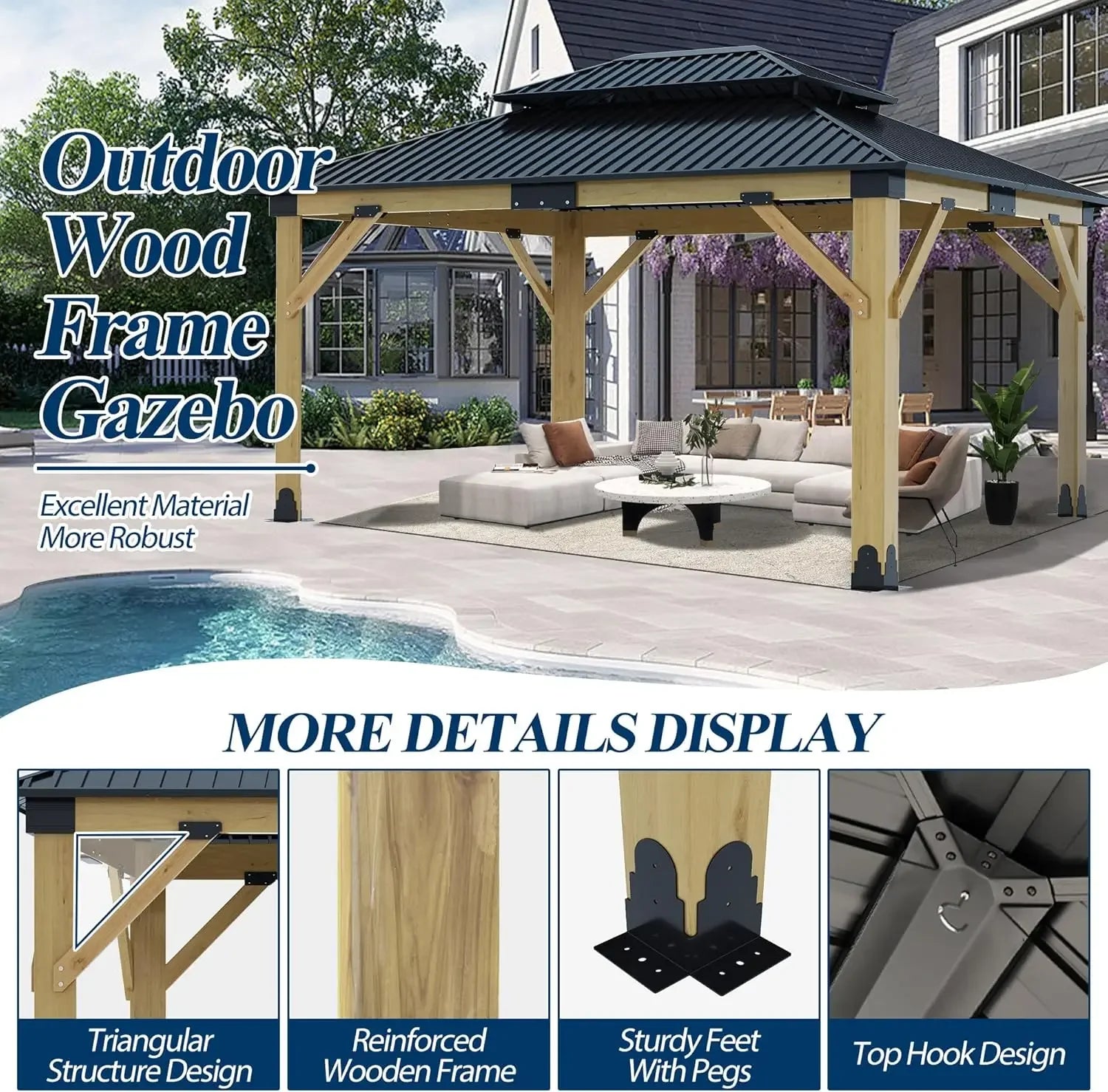 11'x13' Wood Gazebo,Outdoor Hardtop Gazebo with Galvanized Steel Doule Roof, Wooden Frame Gazebos for Patio Backyard Deck
