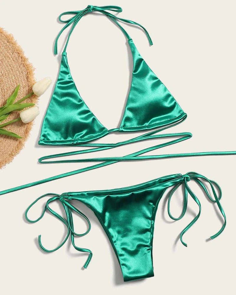 Sexy Women's Metallic Halter Top Two Piece Swimsuit Tie Side Triangle Bikini Summer Solid Bathing Suit Beachwear Bikini Set
