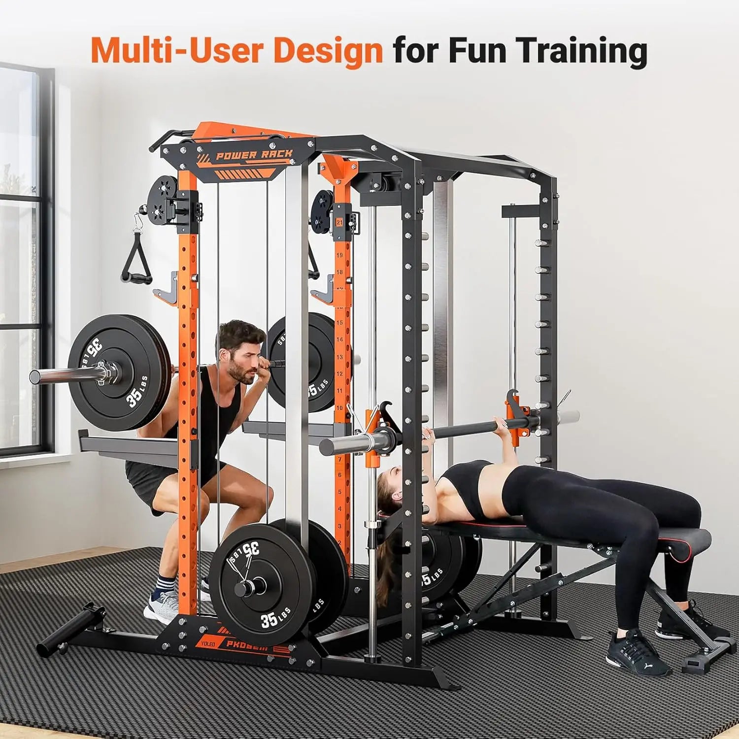 Smith Machine & Squat Rack Combo, Multi-Functional Power Racks with Adjustable Width & Pull-Up Bar, Cable Crossover, Customized