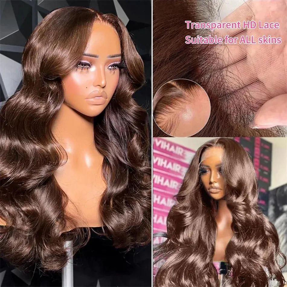 Body Wave 13x4 13x6 Chocolate Brown Lace Frontal Wigs Human Hair Pre Plucked Brazilian Brown Virgin Hair HD Front Wig For Women