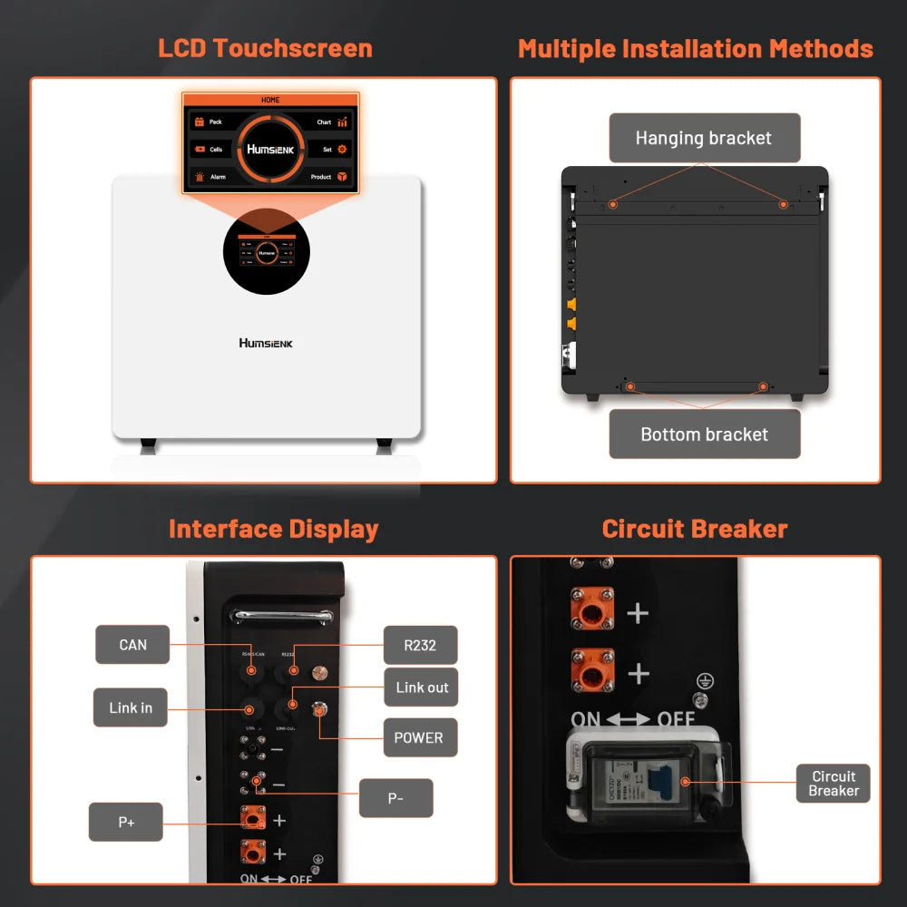 Humsienk 48V 100Ah LiFePO4 Battery WALL-Mounted Bluetooth &Real-time Monitoring Display 100A BMS For Inverter, RV, Solar Energy