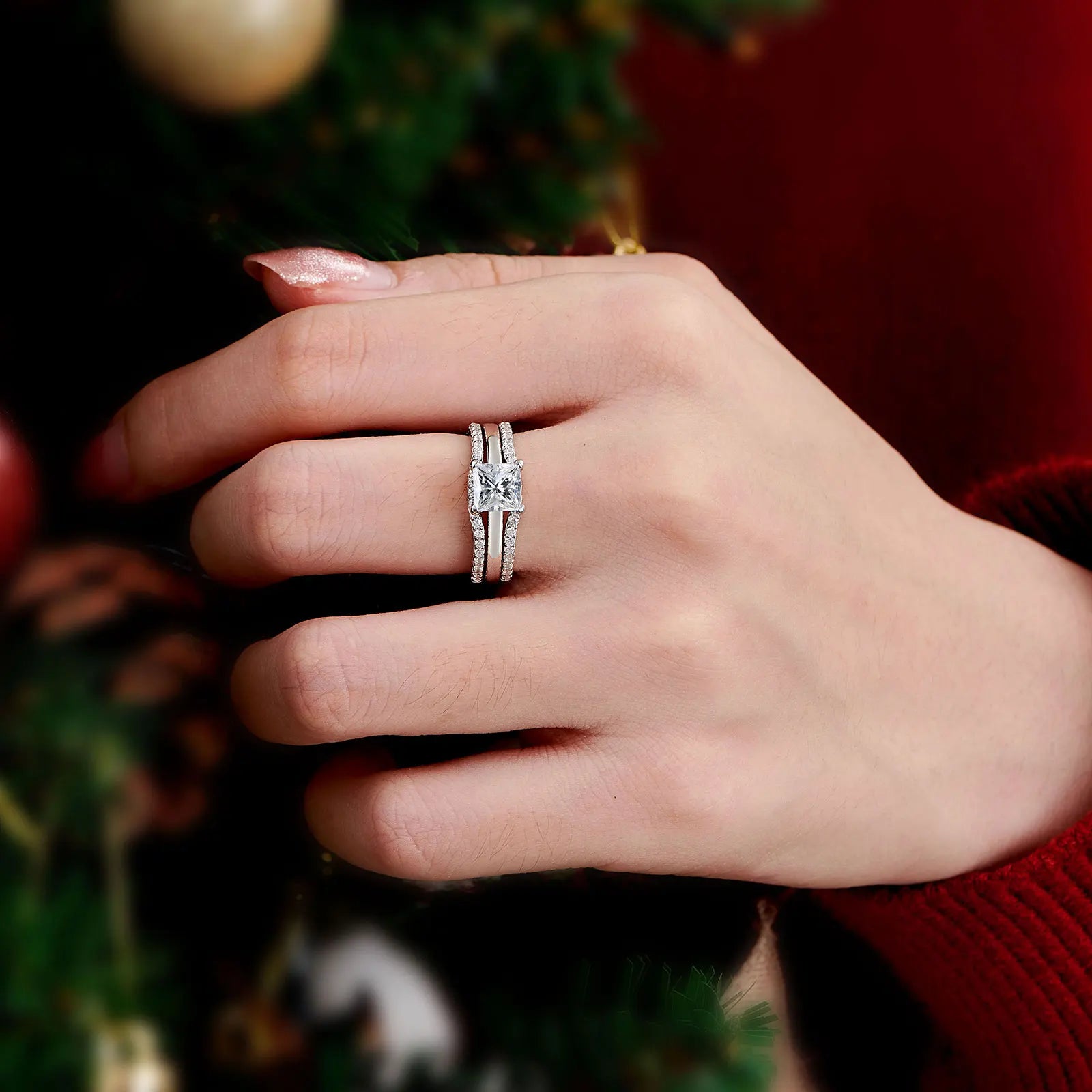 Newshe 925 Silver Rings for Women Luxury Jewelry Solitaire Princess Cut CZ Engagement Ring with Enhancer Wedding Bands