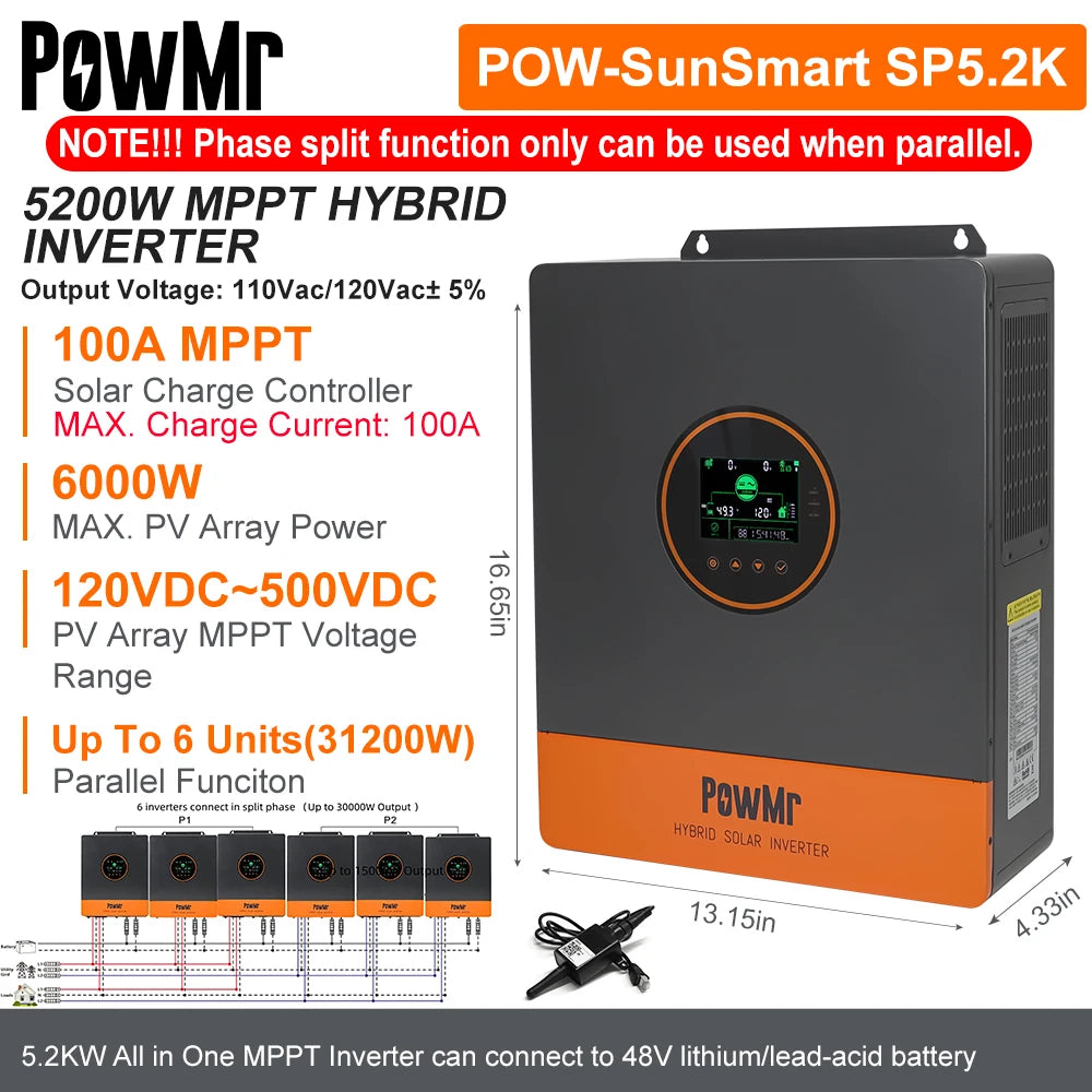 PowMr USA 5.2KW 48V 110Vac Hybrid Solar Inverter Can Split Phase 220Vac Output When Parallel Pure Sine Wave MPPT 100A PV 500Vdc