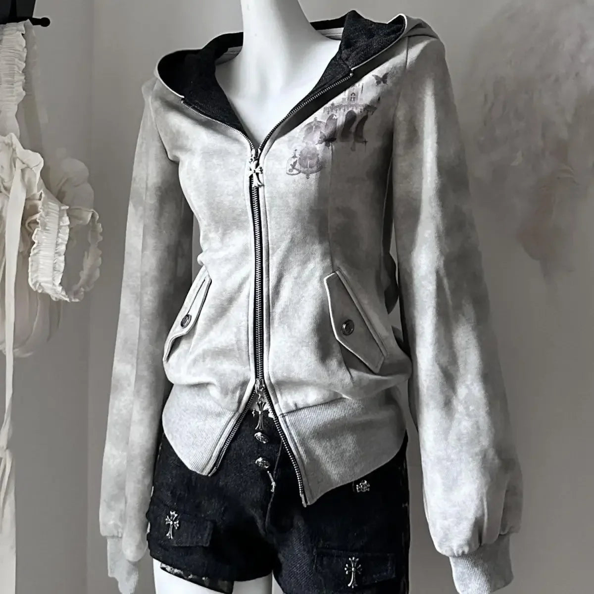 Y2k Aesthetic Vintage Printing Pocket Hoodies Gothic Fairy Grunge Hooded Jackets Autumn Women Double Zippers Punk Sweatshirt