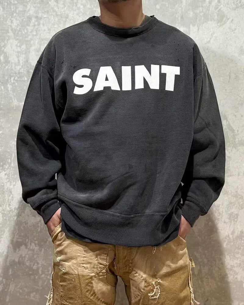 New Letter Print SAINT Hoodies Men Woman Retro Washed Damaged High Street Pullover Sweatshirts Loose Casual Good Quality