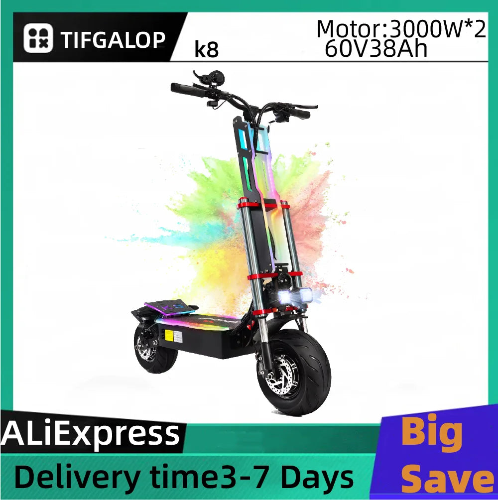 TIFGALOP K8 Adult Foldable Electric Scooter 12 Fat Tireh tire,E-mountain scooter 3000W*2 Motor 60V38AH Battery City Escooter