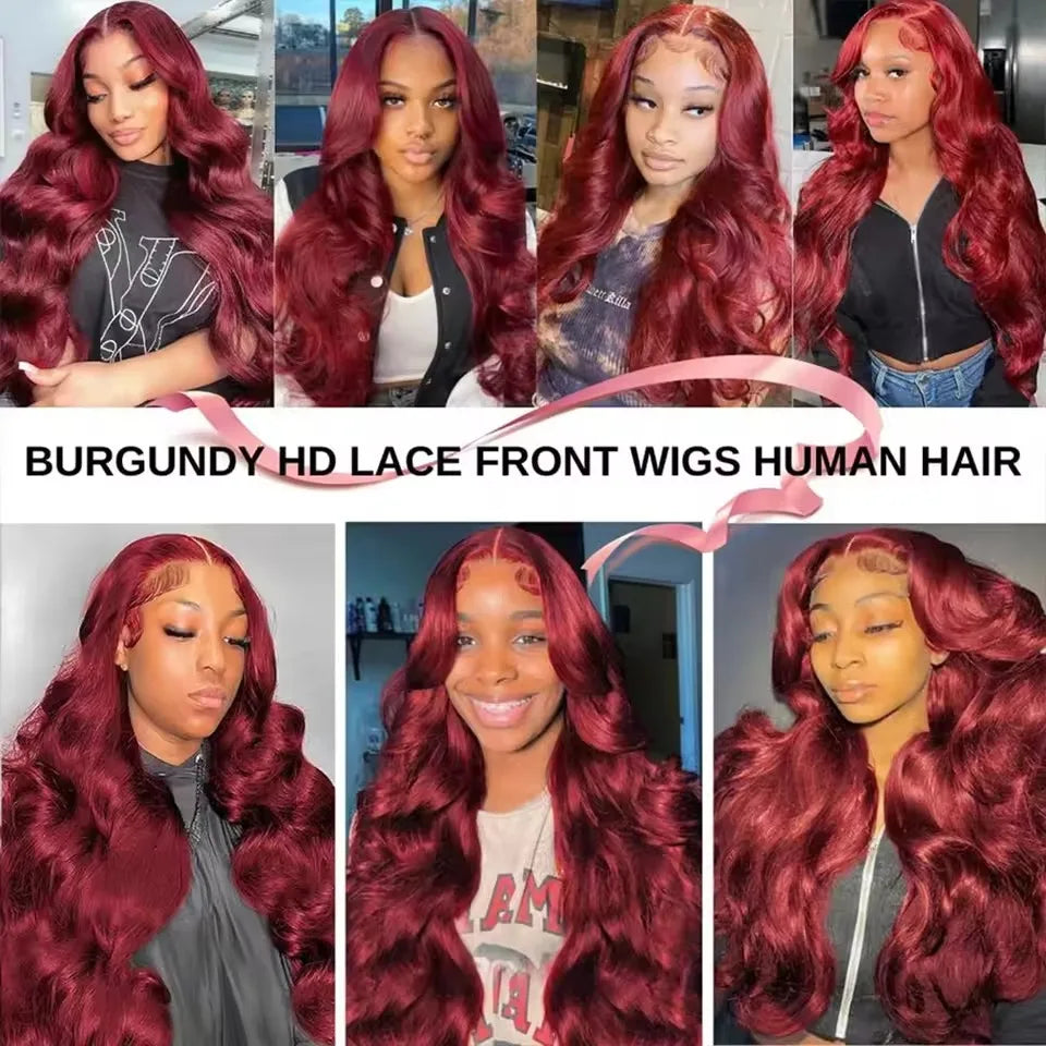 13x6 HD Lace Frontal Human Hair Wig 13x4 Lace Front Wigs Human Hair Brazilian Lace Wigs 99j Body Wave 200 Density Burgundy 5×5