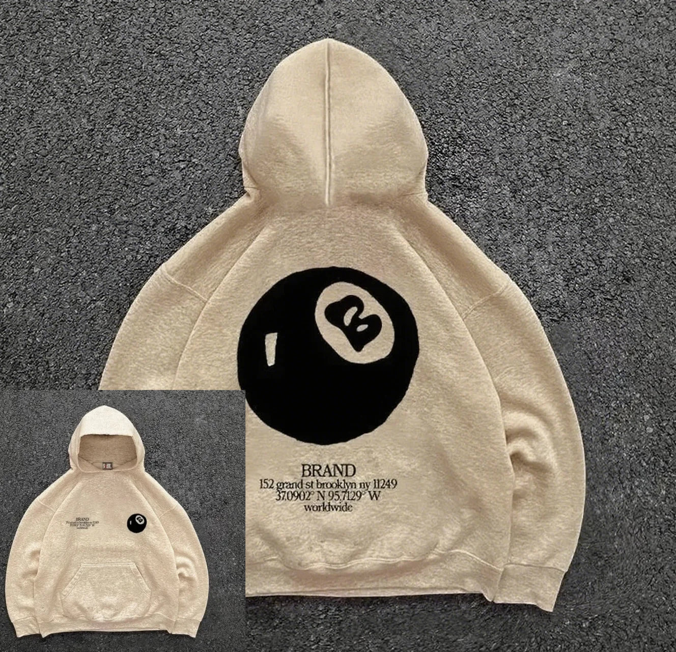 Retro 8-ball pattern hooded men's streetwear,oversized pullover, casual and fashionable sportswear, daily wear and hip-hop style