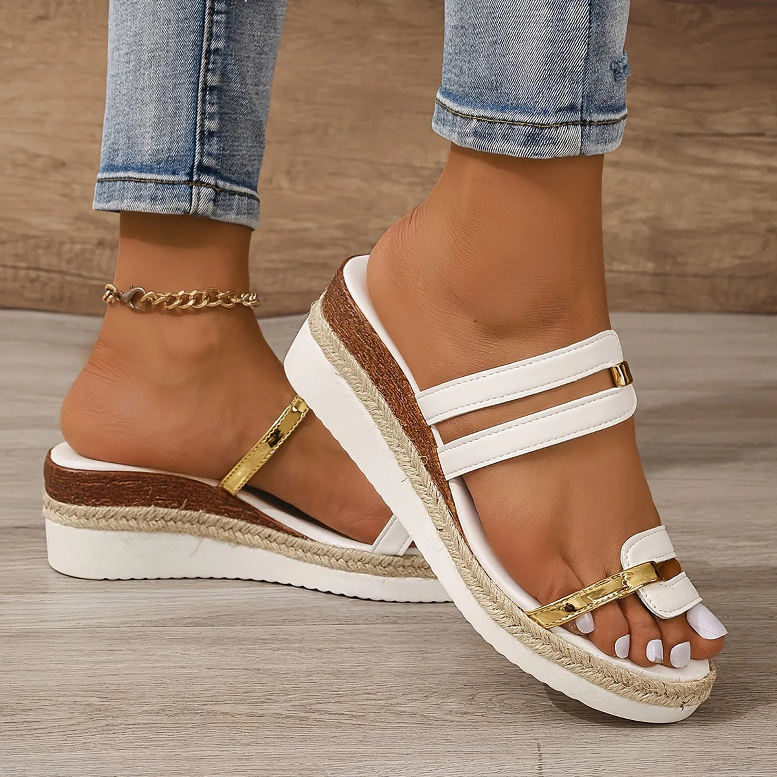 2024 Summer Casual Color Blocking Sandals For Women Dressy Comfortable Soft Leather Thick Soled Slope Woven Straw Sandals
