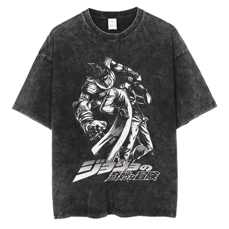 Vintage Washed TShirt Men Summer Hip Hop Streetwear T-shirt JoJo Bizarre Adventure Anime Print Cotton Casual Short Sleeve Tshirt