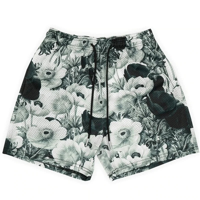 Summer New men short pant Rose Design Casual Shorts Street Hip Hop Fitness Polyester Fast Dry Breathable Embroidery Men Shorts