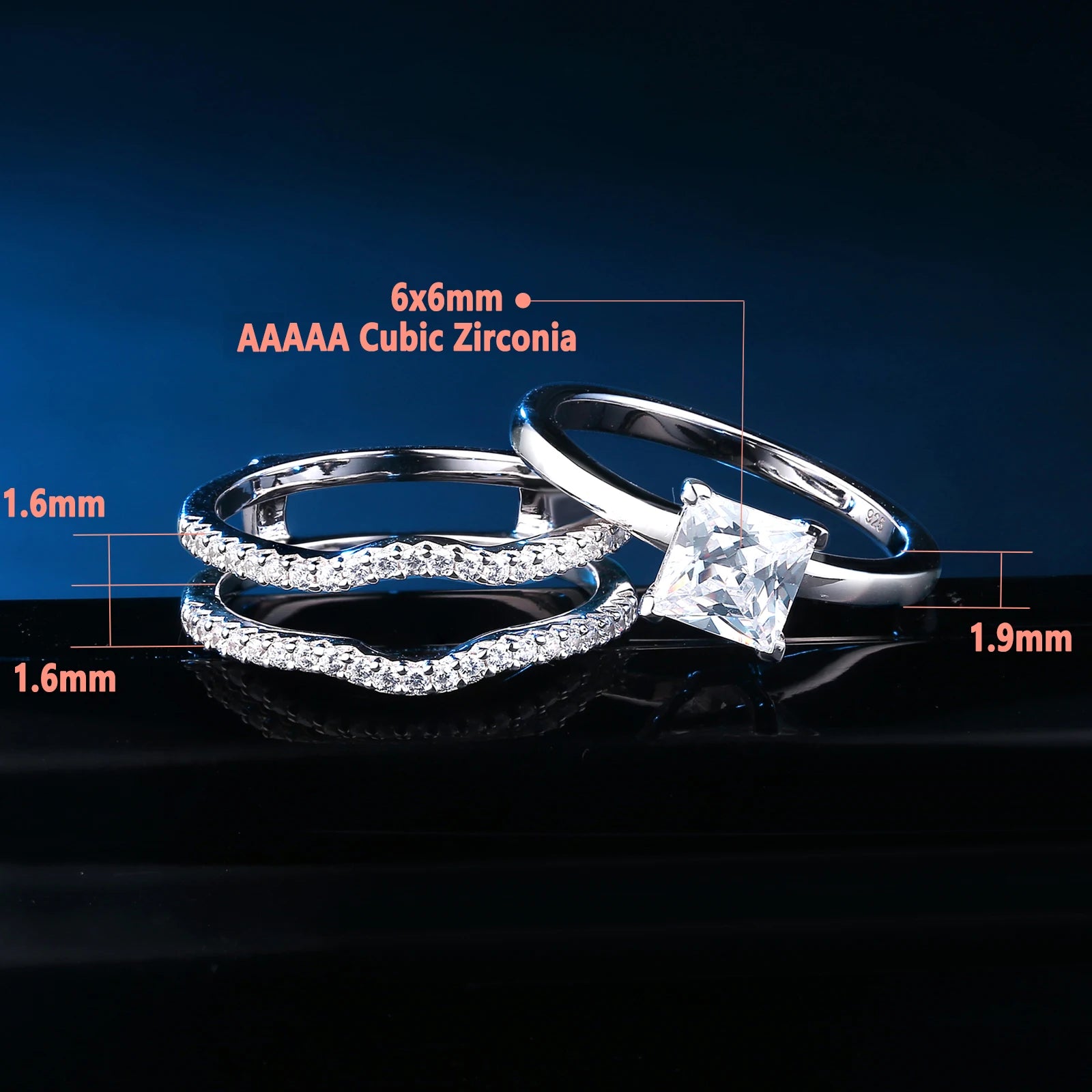 Newshe 925 Silver Rings for Women Luxury Jewelry Solitaire Princess Cut CZ Engagement Ring with Enhancer Wedding Bands