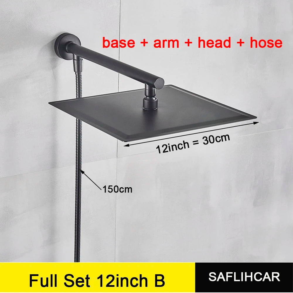 Stainless Steel Black Shower Head 8/10/12 Inch Chrome Rainfall Bath Head Wall Mounted Bathroom Accessories