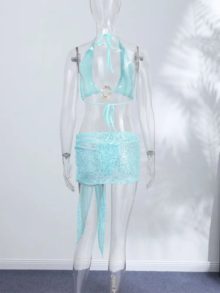 Women's Bikinis And Tankinis Beach Swimsuit Vacation Sparkly Sequin Set Halter 3-Piece Swimwear Summer Woman Clothes Pool Party