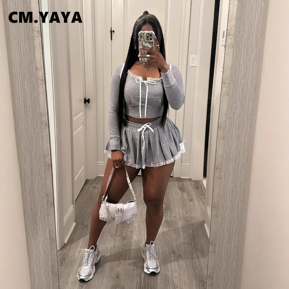 CM.YAYA Women Mini Pleated Skirts Set +Full Sleeve Lace Hoodies Two 2 Piece Set Outfits Fall Street Night Club Cute Outfits