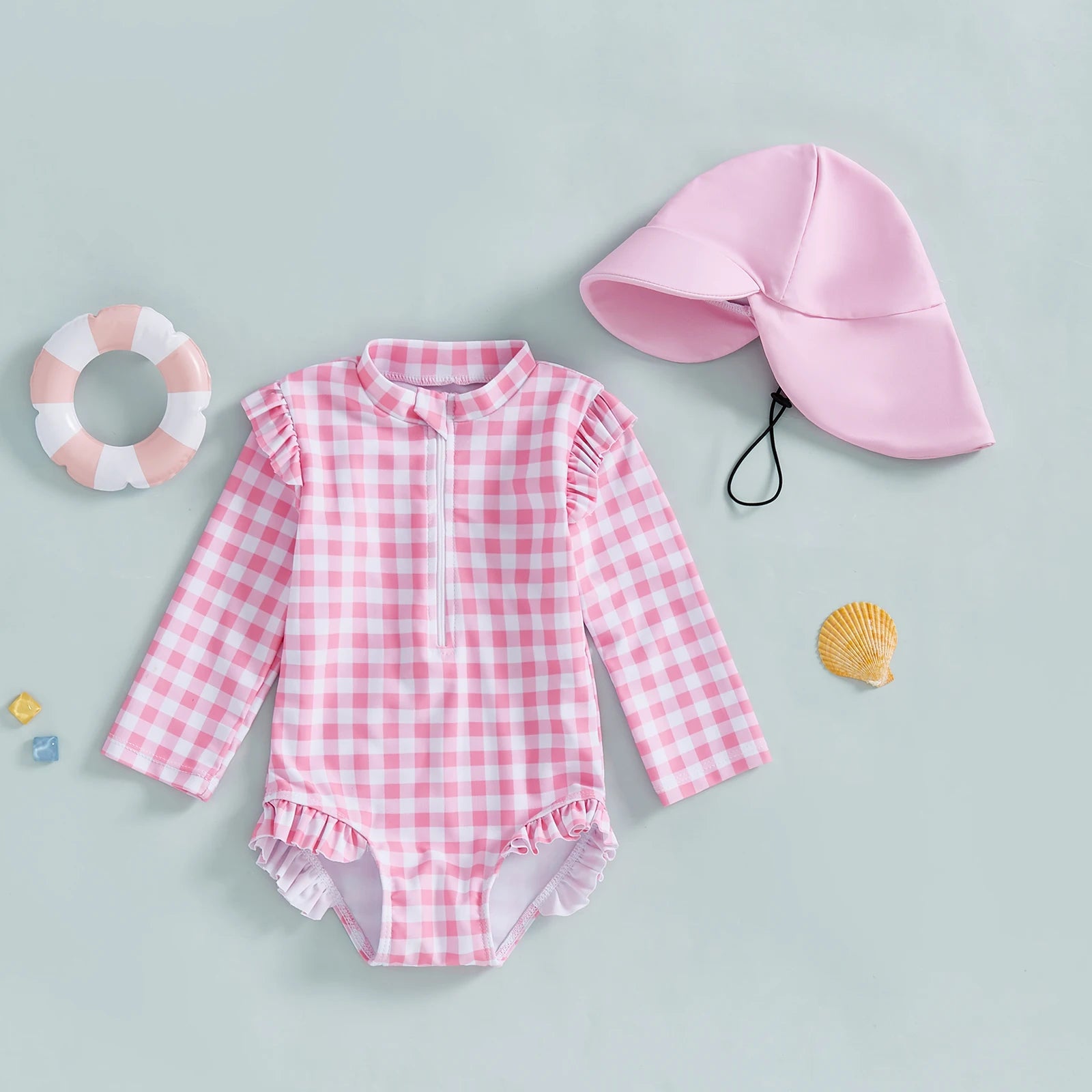 MISOWMNJOY Plaid Print New Girls Swimwear Summer Kids Swimsuit with Hat Zip Up Long Sleeve Crew Neck Baby Girls Swimming Suit