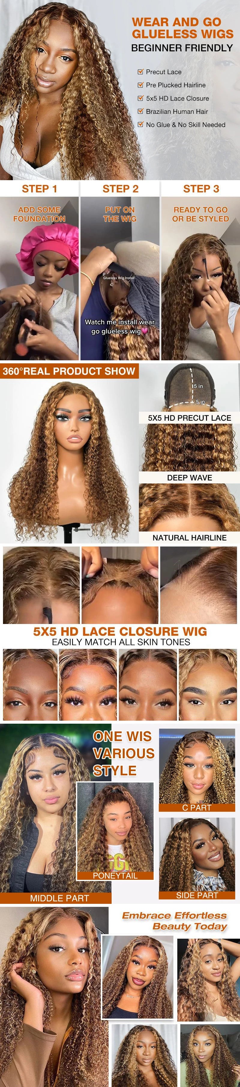 Deep Wave Honey Blonde Glueless Wigs Human Hair Pre Cut Highlight Wear and Go Curly Wigs for Women Ombre HD Lace Front Wig