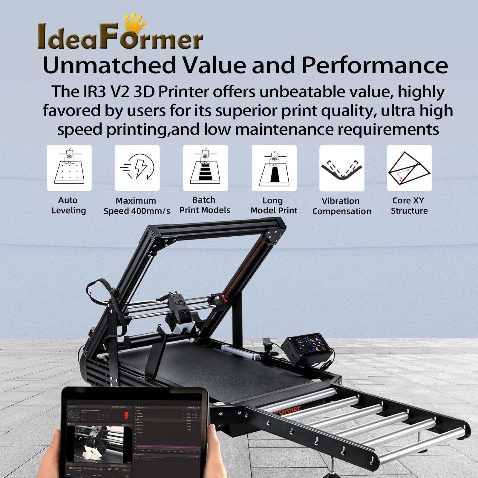 3D Printer IdeaFormer IR3 V2 Infinite Z-Axis Steel Conveyor Belt 250×250×∞mm With Extended Tray Klipper Firmware Auto Leveling
